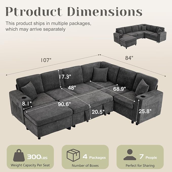 107 Inch Modular Sectional Sofa with Pull Out Bed, 7 Seat U Shaped Sectional Sleeper Sofa with Storage Ottoman, USB Port & 6 Pillows, Sectional Couches for Living Room & Apartment, Modular Couch, Grey