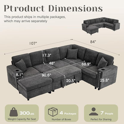 107 Inch Modular Sectional Sofa with Pull Out Bed, 7 Seat U Shaped Sectional Sleeper Sofa with Storage Ottoman, USB Port & 6 Pillows, Sectional Couches for Living Room & Apartment, Modular Couch, Grey