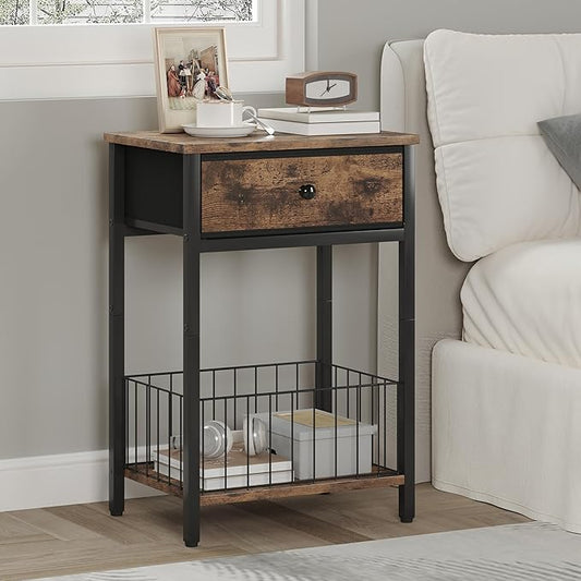 End Tables Bedroom, Night Stand with Drawers, Industrial nightstand, Nightstand with Fabric Bins, Bedside Table End Table for Bedroom, Closet, Entryway, College Dorm, Rustic Brown LNT0061BR