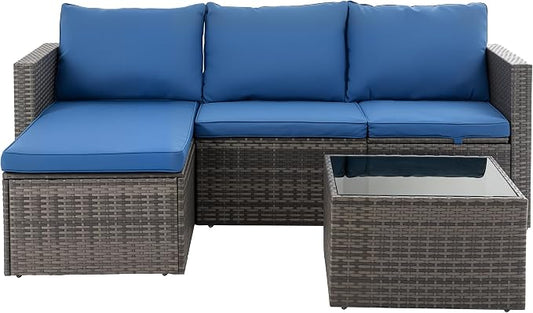 Shintenchi 4 Pieces Patio Furniture Set, 2-in-1 Convertible Sectional Sofa & Chaise Lounge, All-Weather Wicker Rattan Sofa Couch with Cushions & Coffee Table for Yard, Garden, Porch, Poolside