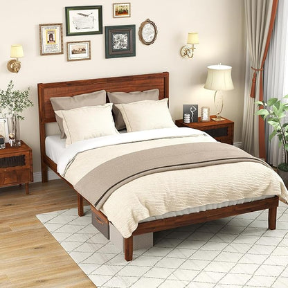 KOMFOTT Full Size Wood Bed Frame with Headboard, Solid Acacia Wood Platform Bed Frame, Wooden Slats Supported Bed Base with Under-Bed Storage Space, No Box Spring Needed Mattress Foundation