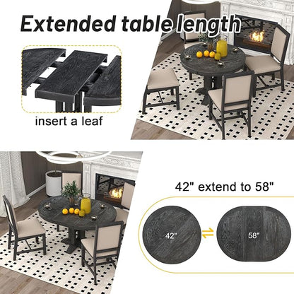 LUMISOL 42"-58" Extendable Round Dining Table for 4-6, Farmhouse Oval Kitchen Table with Removable Leaf for Kitchen, Dining Table, Small Space, Black