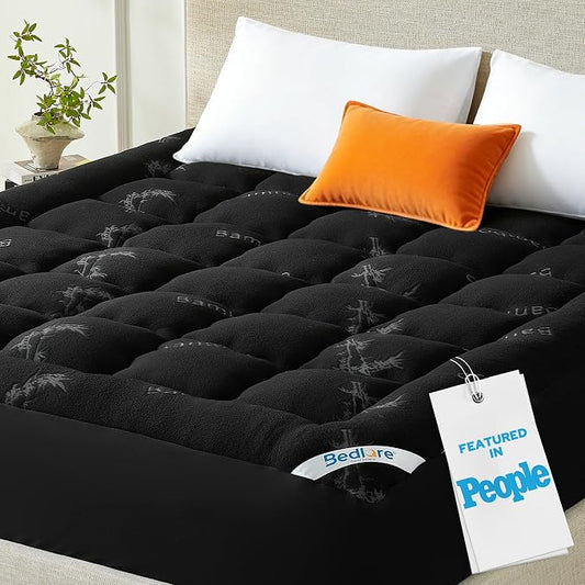 BEDLORE Full Size Mattress Topper Viscose Derived from Bamboo, Thick Pillow Top Mattress Pad with Stretchable Pockets for 6"-15" Mattress, Breathable Mattress Topper for Back Pain Relief(Black)