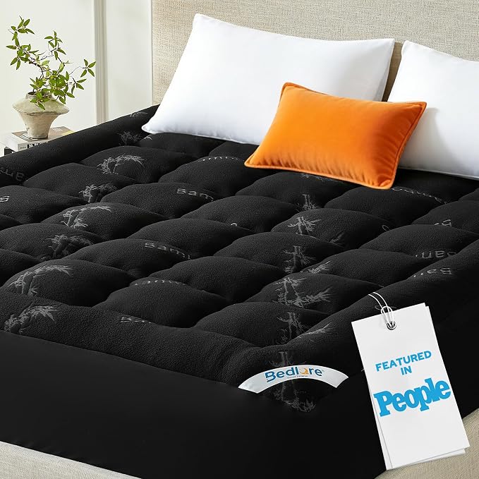 BEDLORE Queen Mattress Topper Viscose Derived from Bamboo, Thick Pillow Top Mattress Pad with Stretchable Pockets for 6-18 inches Mattress, Soft Mattress Topper for Back Pain Relief(Black)