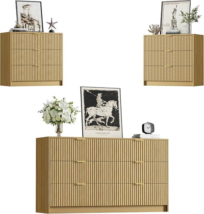 Furniway 3 Piece Bedroom Set, 6 Drawer Dresser and 3-Drawer Nightstand Set of 2 with Gold Handles, Mid-Century Modern Wood Chest of Drawers Storage Cabinet for Bedroom, Natural Oak