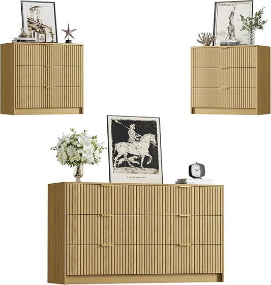 Furniway 3 Piece Bedroom Set, 6 Drawer Dresser and 3-Drawer Nightstand Set of 2 with Gold Handles, Mid-Century Modern Wood Chest of Drawers Storage Cabinet for Bedroom, Natural Oak