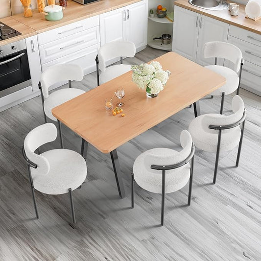 PatioPerk Boucle Dining Chairs Set of 6, White Mid Century Morden Chair with Curved Backrest, Round Upholstered Sherpa with Metal Legs, Suitable for Various Kitchen Styles
