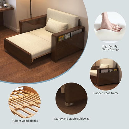 48" 3-in-1 Storage Sleeper Sofa Bed, Walnut Finish Solid Wood Frame | Solid wood sofa for living rooms, apartments & offices — single-size, it works as a guest bed to maximize small space.