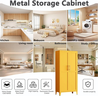 61" Yellow Metal Storage Cabinet and Lock, 2-Door Metal Locker Cabinet with Adjustable Shelves, 4-Tier Steel Storage Locker for Bedroom Living Room Kitchen Home Office Size：61"H X 27.6"W X 13.8"D