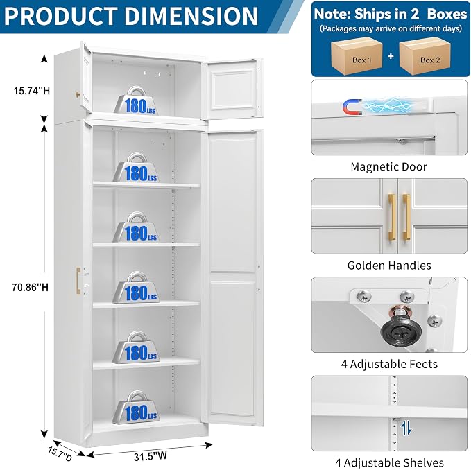86" Tall Metal Kitchen Pantry Storage Cabinet with Doors and 4 Adjustable Shelves, Extra Large Heavy Duty Steel Storage Cabinet for Kitchen, Garage, Living Room, Pantry Cupboard, White (2 Packages)