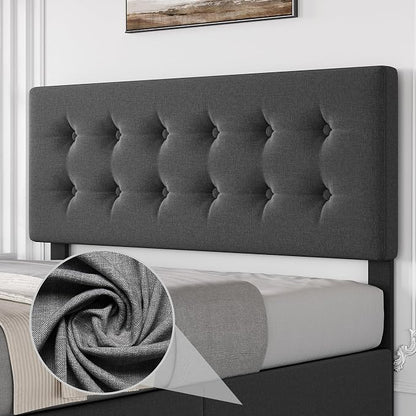 IDEALHOUSE Queen Size Bed Frame with 4 Storage Drawers and Headboard, Linen Upholstered Platform Bed Frame with Wooden Slats Support, Button Tufted Design, No Box Spring Needed, Dark Grey