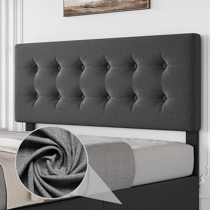 IDEALHOUSE Full Size Bed Frame with 4 Storage Drawers and Adjustable Headboard, Upholstered Mattress Foundation with Skin-Frienly Linen, No Box Spring Needed, Dark Grey (Full)