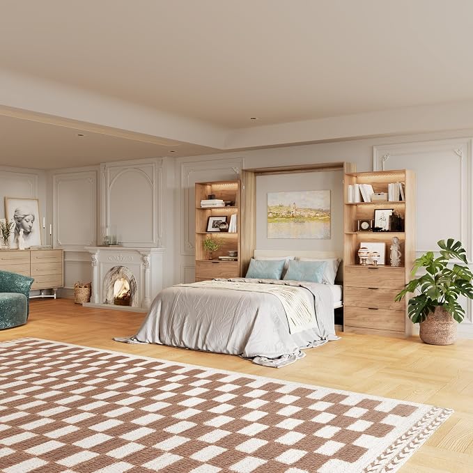 Bobve Farmhouse Murphy Bed Queen,85" Wall Bed Folds to Save Space,Concealed Bed Frame with 2 LED Storage Cabinets and Wall Mounted Features for Apartment/Office/Guest Room,Brown+Walnut