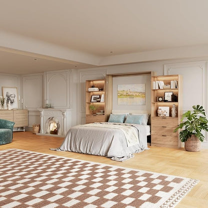 Bobve Farmhouse Murphy Bed Queen,85" Wall Bed Folds to Save Space,Concealed Bed Frame with 2 LED Storage Cabinets and Wall Mounted Features for Apartment/Office/Guest Room,Brown+Walnut
