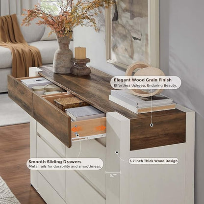 OKD 6 Drawer Dresser for Bedroom, 54" Wide Chest of Drawers with Thick Wood Design, Handleless, Modern Bedroom Dresser, Storage Organizer for Living Room/Entryway/Hallway, Antique White