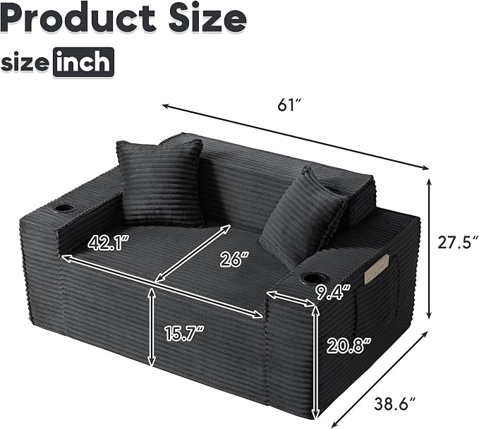 Boneless Sectional Sofa Couch with Cup Holders & Side Pockets, Modern Corduroy Fabric Deep Seat Loveseat Cloud Couch for Living Room Office, No Assembly (Grey)