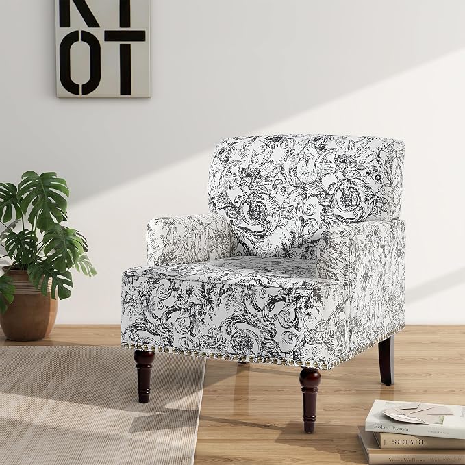 Accent Chair, Mid Century Modern Comfy Armchair for Living Room, Linen Fabric Single Sofa Lounge for Reading Bedroom Apartment Waiting Room with Wood Legs (Rococo Black, Set of 1)