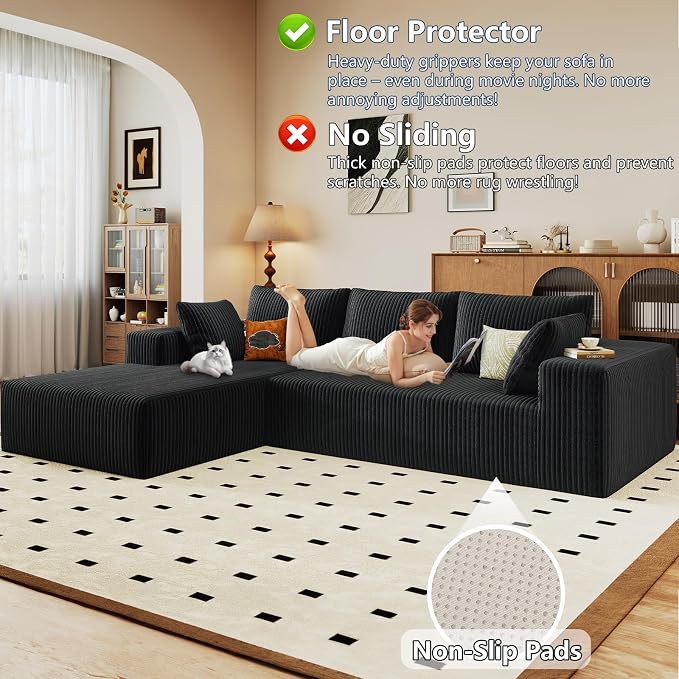 96" Modular Sectional Sofa, Modern Corduroy Cloud Couch with Deep Seat, Boneless Couch Upholstered 3-Seater L-Shaped Sofa for Living Room, No Assembly Required (Black, Left-Facing Chaise)