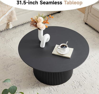 31.5" Round Coffee Table, Modern Fluted Accent Center Table with Metal Frame, Wooden Circle Coffee Tables for Living Room Small Space or Office (Black)