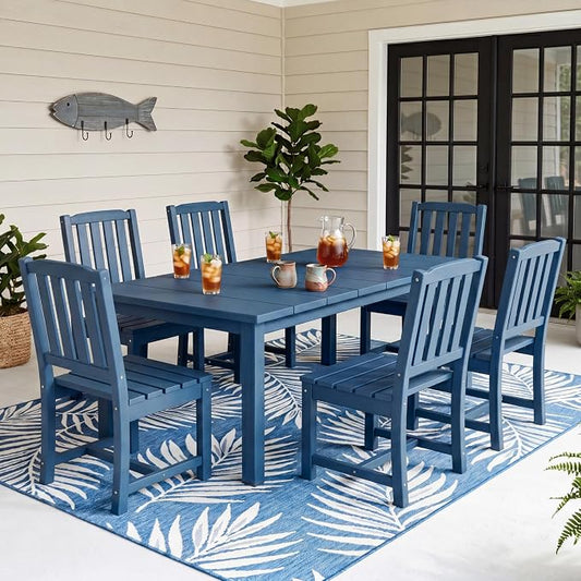 Perli™ 7-Piece Outdoor Dining Set, All-Weather HDPE Patio Table and 6 Chairs with Umbrella Hole, UV-Resistant Composite Wood Dining Furniture for Deck, Backyard, Poolside, Blue