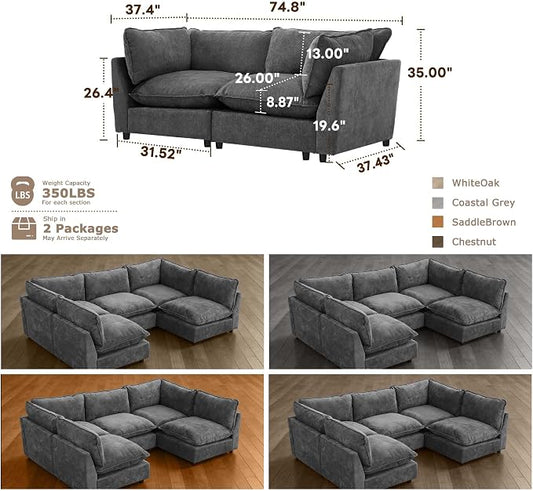Iroomy Modular Sectional Sofa, Oversized Chenille Cloud Couch, Deep Comfy Seat, 2-Seater Sofas Couches for Living Room, Dark Grey, High Feet