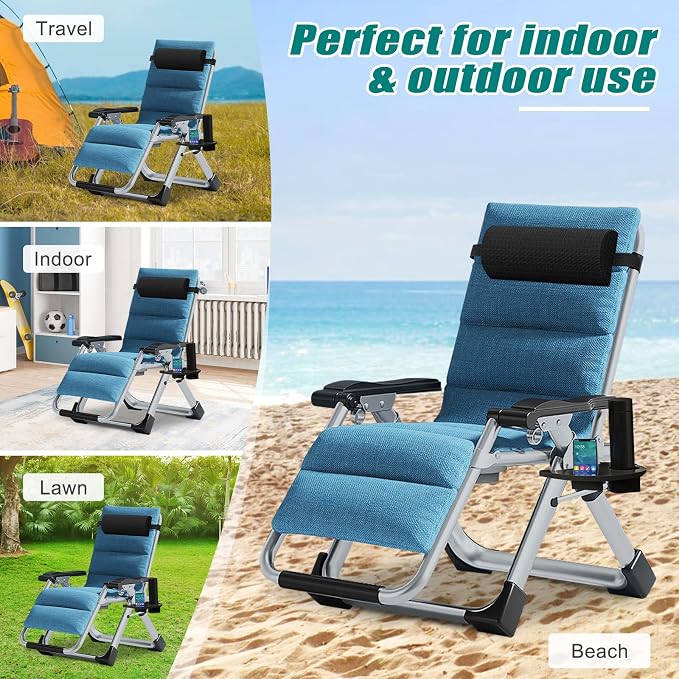 DoCred Zero Gravity Chair, Lawn Recliner, Reclining Patio Lounger Chair, Folding Portable Chaise with Detachable Headrest and Cup Holder