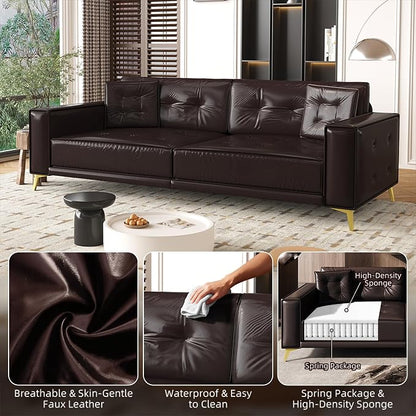 92.1'' King Pull Out Sofa Bed, Convertible Futon Couch, 3-in-1 Faux Leather Sleeper Sofa with Tufted Back, 2 Pillows, Gold Legs, Deep Folding Loveseat for Living Room, Apartment, Dark Brown