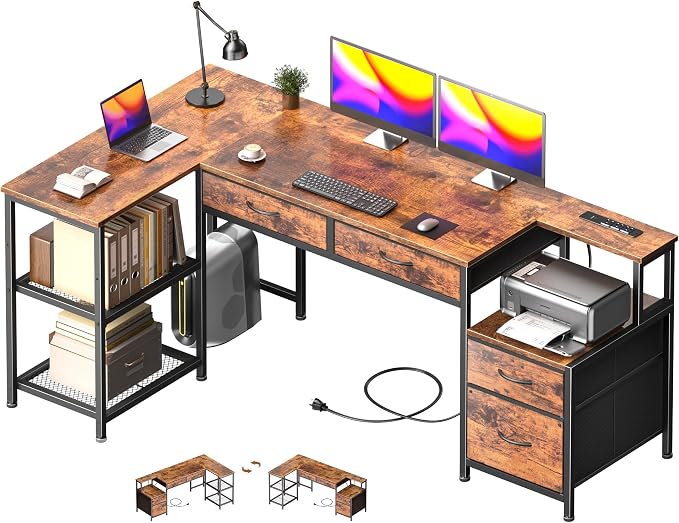 Korfile 57 Inch L Shaped Computer Desk with Power Outlets, Reversible Home Office Desk with 4 Fabric Drawers & 2 Adjustable Mesh Shelves, Corner Study Work Desk with Larger Storage, Rustic Brown