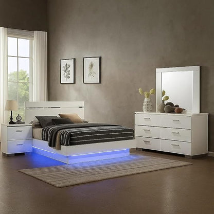 Benzara Pero 4pc Queen Bedroom Set with LED, Chrome and White, Dresser Mirror
