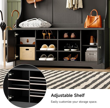 ONBRILL 78.7" Hall Tree with Bench and Storage, Entryway Bench with Coat Rack, 10 Cubbies with Adjustable Shelves & 7 Coat Hooks for Hallway, Entryway, Black