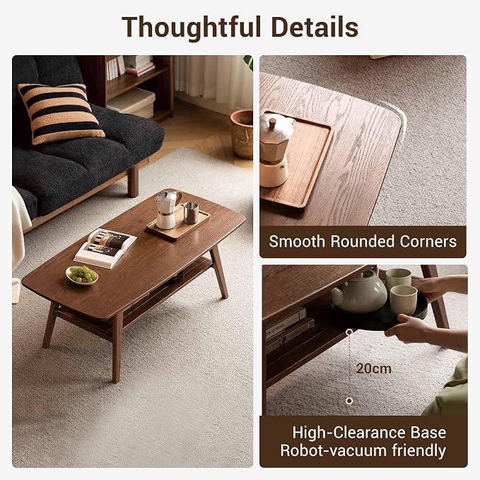 100% Solid Wood Coffee Table for Living Room, Mid Century Modern Small Tables with Shelf Storage, Storage Coffee Table with Rounded Corners (Oak Wood Walnut Color, 47.24" L)