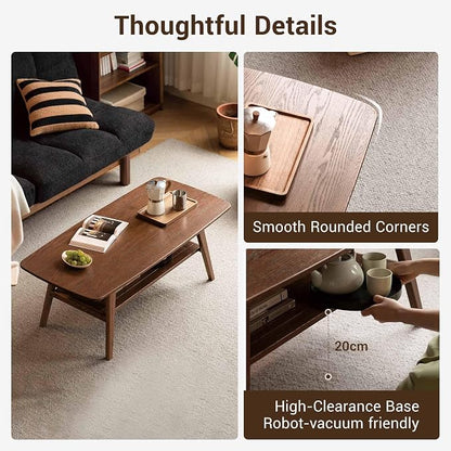 100% Solid Wood Coffee Table for Living Room, Mid Century Modern Small Tables with Shelf Storage, Storage Coffee Table with Rounded Corners (Oak Wood Walnut Color, 47.24" L)