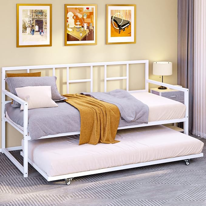 DWVO Daybed with Trundle, Adjustable Height Twin Daybed with Pull Out Trundle, Sofa Bed Couch with Heavy Duty Metal Slats, for Living Room, Bedroom, Guest Room, Space Saving, Modern White
