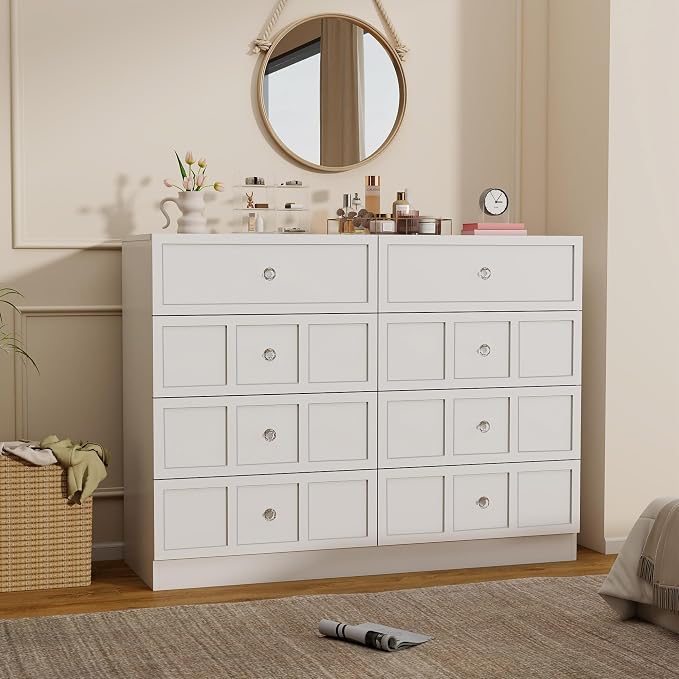 8 Drawer Dresser for Bedroom: 47" White Wide Tall Dressers for Bedroom, Modern Fluted Dresser with Deep Drawers, Wooden Chest of Drawers for Living Room