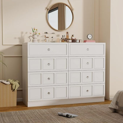 8 Drawer Dresser for Bedroom: 47" White Wide Tall Dressers for Bedroom, Modern Fluted Dresser with Deep Drawers, Wooden Chest of Drawers for Living Room