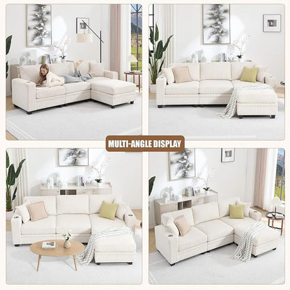 97" Modular Sectional Sofa with Storage, Corduroy 4-Seater L-Shaped Sofa with Ottoman Chaise, Cloud Sectional Couches for Living Room, Apartment