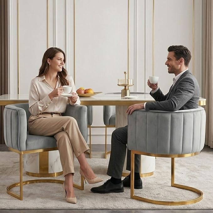 Hyfirm Gray and Gold Modern Barrel Dining Chairs Set of 2, Velvet Upholstered Accent Chairs with Curved Back for Kitchen Island, Luxury Comfort Seating Cantilever Metal Frame