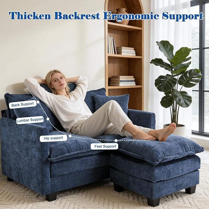 50'' L-Shape Loveseat Sofa with 22" Ottoman, 2 Seat Modern Cloud Couch with 2 Washable Pillows for Small Space Apartment Office Living Room Bedroom, Blue
