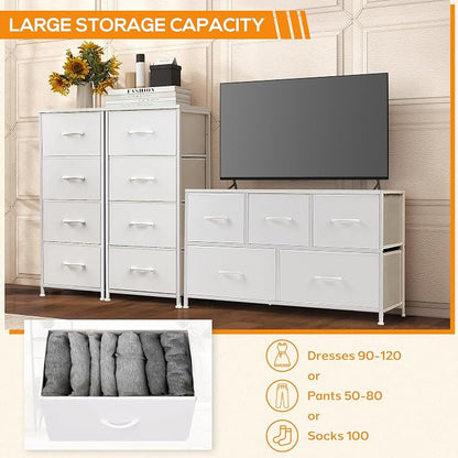 DUMOS Dresser for Bedroom, 4 Storage Drawers Tall Fabric Closet Chests | Organizer Tower Furniture with Wooden Top Metal Frame for Living Room, Hallway, White