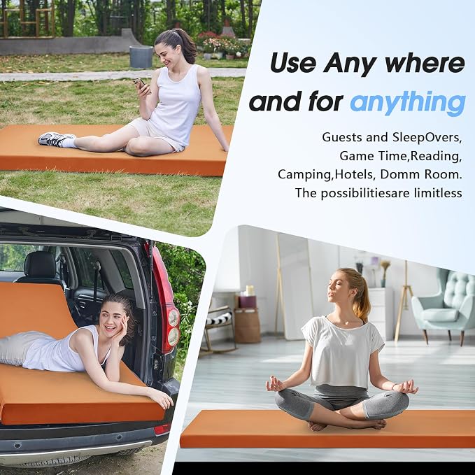 CYMULA 3 Inch Memory Foam Camping Pad, Camping Essentials Roll Up Floor Mat for Car Camping, Cot, Tent, Truck, Travel and Guest Use, Non-Slip Waterproof Bottom, Removable Cover