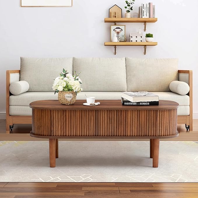 Fully Assembled Fluted Lift Top Coffee Table with Hidden Compartment, Wooden Center Table, Modern Oval Lift Tabletop for Home Living Room Office, Walnut