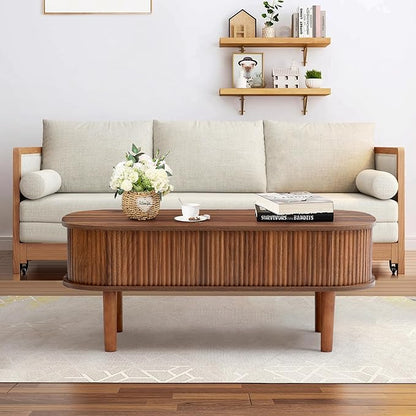 Fully Assembled Fluted Lift Top Coffee Table with Hidden Compartment, Wooden Center Table, Modern Oval Lift Tabletop for Home Living Room Office, Walnut