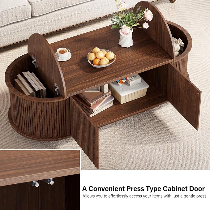 HSH 47" Oval Coffee Table with Storage, Walnut Coffee Table for Living Room | Modern Center Table with Press Type Door, Fluted Living Room Tables with 2 Flip-Top Hidden Lids, Wood Table