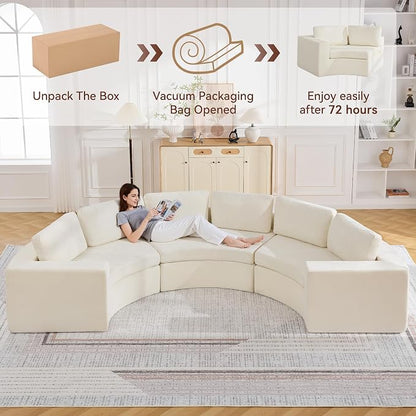 WUTUTUEE 139'' Curved Round Boneless Couch, Oversized Cloud Sofa with Deep Seat & Arms, Chenille Modular Sectional Sofa with Pillows, Upholstered Comfy 6 Seat Couch for Living Room, White