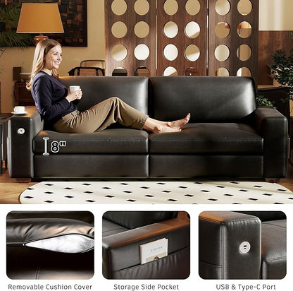 Hanherry Faux Leather 89" Sofa for Living Room, Modern Comfy Couch with Medium Firm Seat Cushion, Removable Cover,Wide Armrest,USB/Type-C Port,Couches for Small Space,Apartment