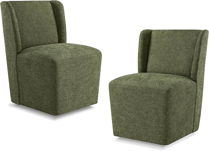 KISLOT Upholstered Dining Chairs Set of 2 with Casters, Wingback Modern Side Armless Deskchair with Rollers for Diningroom Bedroom Livingroom Reading Room, Green Fabric