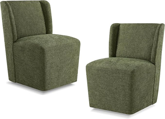 KISLOT Upholstered Dining Chairs Set of 2 with Casters, Wingback Modern Side Armless Deskchair with Rollers for Diningroom Bedroom Livingroom Reading Room, Green Fabric