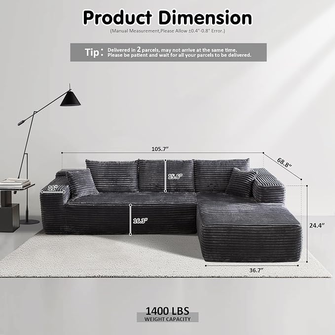 ovios 104" Cloud Boneless Couch with L-Shape Chaise,Modern Sectional Modular Sofa with Deep Seat, Upholstered Couches for Living Room Bedroom,No Assembly Required, Grey (Plush Corduroy Fabric)