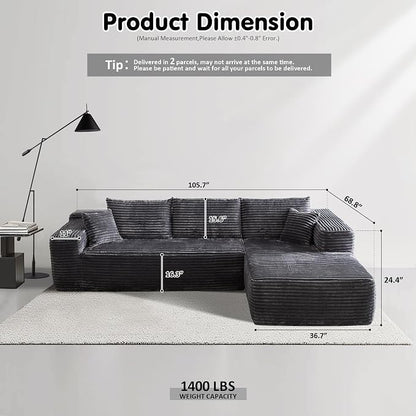 ovios 104" Cloud Boneless Couch with L-Shape Chaise,Modern Sectional Modular Sofa with Deep Seat, Upholstered Couches for Living Room Bedroom,No Assembly Required, Grey (Plush Corduroy Fabric)