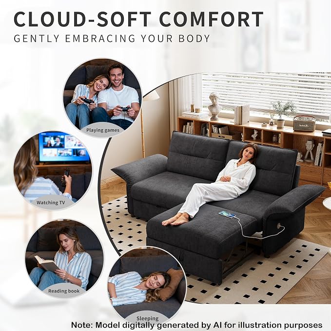 85" Pull Out Sofa Bed Full Size, Pre-Assembled Flannel Sleeper Sofa, Convertible Loveseat Futon Couch, Adjustable Armrest with USB, Pillows, for Apartment, Living Room, Small Spaces, Dark Grey